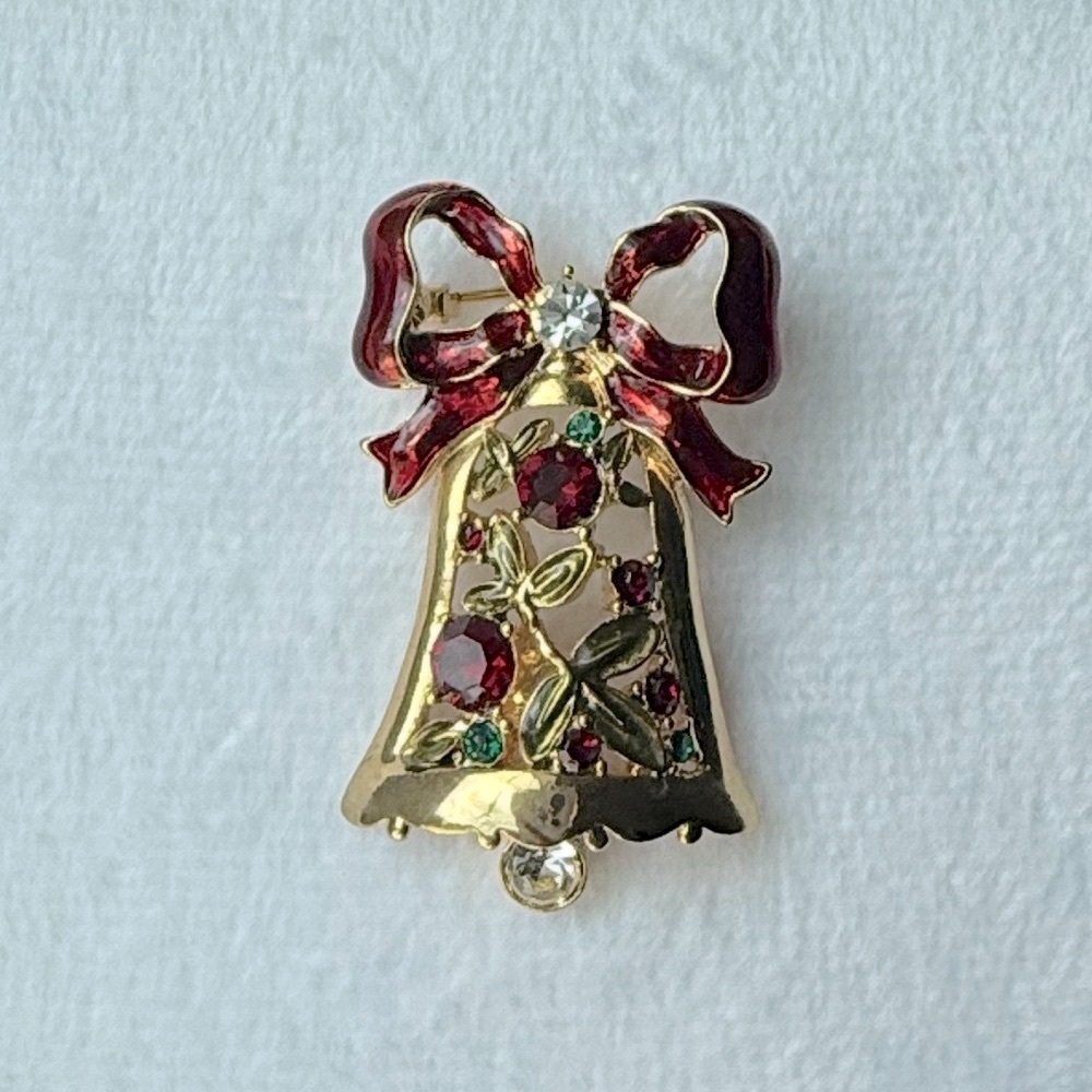 Vintage Gold and Red Christmas bell Brooch/Holiday Pin
